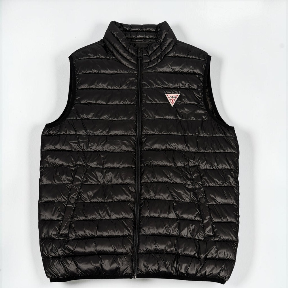 Guess Mens Puffer Vest Black Quilted Full Zip Sleeveless Jacket Large L Logo